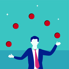 Business multi skill vector concept: portrait of male figure wearing a blue suit while juggling balls