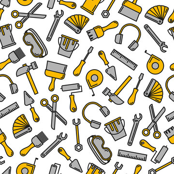 Seamless outline pattern with working tools for construction building and home repair icons. Vector illustration. Elements for design. Hand work tools collection. Graphic texture for design, wallpaper