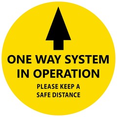 Social distancing concept for preventing coronavirus covid-19 with black Arrow sign and wording One way system in operation on yellow circle background