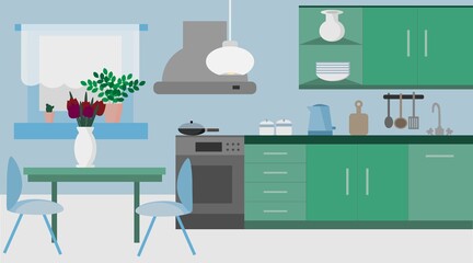 Bright kitchen in flat design. In green. Vector image, eps 10  version