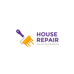 Home repair label, emblem, logo. Flat style vector illustration. Hand work tools collection. Yellow and violet colors.