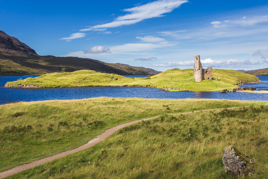 Ruins of Ardvreck Castle at Loch Assynt, West Highlands, Scotland, United Kingdom 