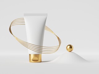 3d render, white cream bottle with golden cap and decorative metallic rings isolated on white background. Blank cosmetic package mockup.