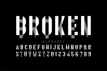 Broken style modern font, alphabet letters and numbers