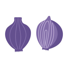 Whole fresh onion and slice. Vector illustration flat cartoon style on isolated white background.