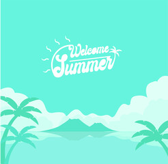 Welcoming Summer vector concept with palm tree and mountains