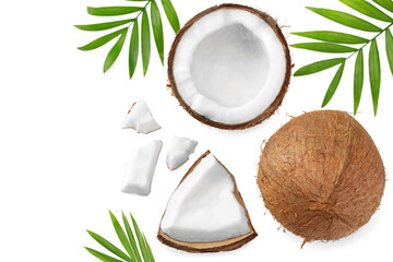 Fototapeta na wymiar Coconut with green leaves isolated on white background. top view