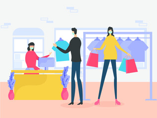 New Normal vector concept: couple paying their clothes at the cashier