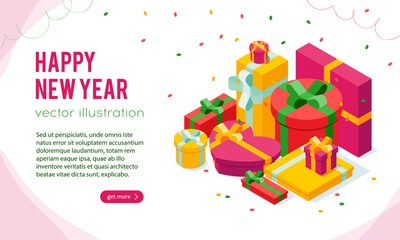 New Year template with pale of isometric gift boxes on dark background, vector illustration. Bright, colorful presents with ribbon bows, confetti particles.