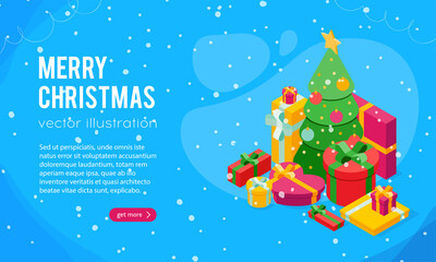 Merry Christmas template with pale of isometric gift boxes and christmas tree on white background, vector illustration. Bright, colorful present and gift boxes with ribbon bows, confetti particles.