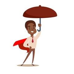 African American Superhero businessman holding umbrella for protect. Vector illustration for financial, insurance savings concept.