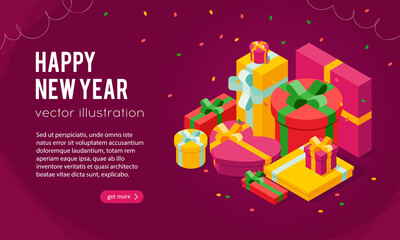 New Year template with pale of isometric gift boxes on dark background, vector illustration. Bright, colorful presents with ribbon bows, confetti particles.