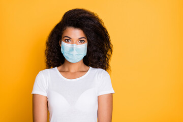 Close-up portrait of her she nice attractive wavy-haired girl wearing safety gauze mask mers cov...