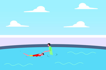 Father's Day vector concept: father teaching his son swimming at the pool