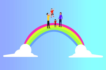 Family moment vector concept: happy family group on a rainbow