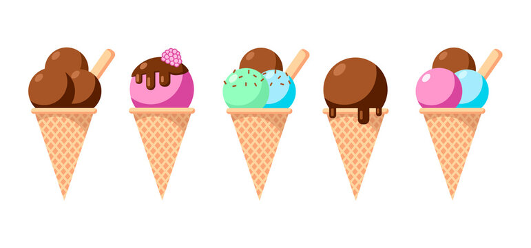 Ice cream cones with different topping vector set collection isolated on white background. Hand drawn colorful summer dessert set. illustration in fllat style. Design for banner,card, cafe, menu