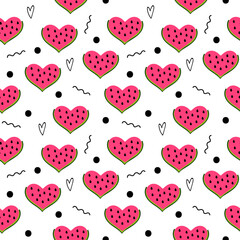Red watermelon hearts with geometric shapes on white background, seamless vector pattern