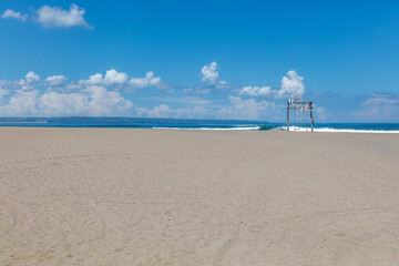 Absolutely empty Petitenget Beach (Pantai Petitenget) closed for quarantine for COVID-19. Seminyak, one of Bali most popular tourist areas. Indonesia.