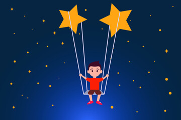 Kid's education vector concept: A male kid plays with a swing hanging on stars