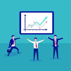 Business profit vector concept: two businessmen jumping and cheering because of the increasing business chart