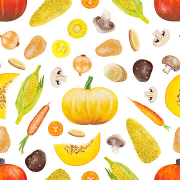 Seamless pattern with yellow and brown vegetables isolated on white. Raster hand drawn seamless prints of vegetables: corncob, tomato, carrot, pumpkin, mushrooms, onions, potatoes and their slices