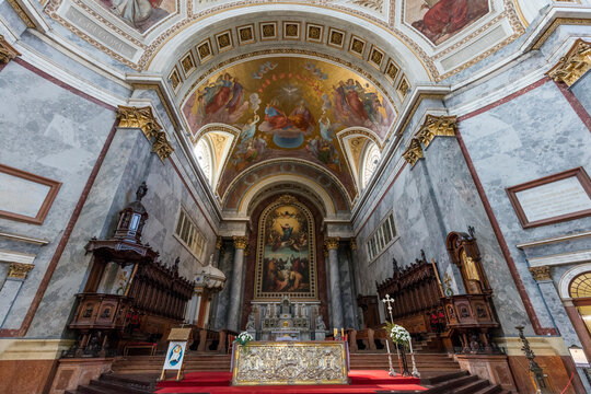 ESZTERGOM, HUNGARY - AUGUST 31, 2016: Interior of the Esztergom Basilica. The Esztergom Basilica is the mother church of the Archdiocese of Esztergom-Budapest and is the biggest building in country.