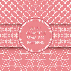Naklejka premium Compilation of geometric seamless patterns. Pink and white mixed shapes backgrounds