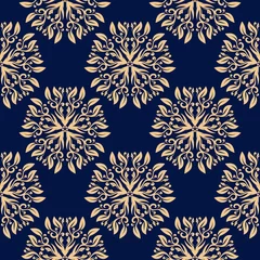 Behang Donkerblauw Donkerblauwe naadloze achtergrond met gouden bloemen