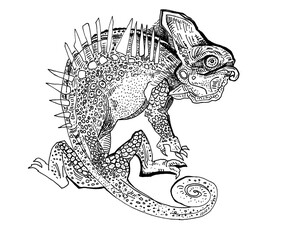 stylized chameleon art doodle. lizard sketch element for design, print, children's book. Hand Drawn animal collection.reptile isolated graphic illustration on white background. drawing pattern 