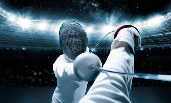 Portrait of two fencers against the backdrop of a sports arena. The concept of fencing. Duel. - Powered by Adobe