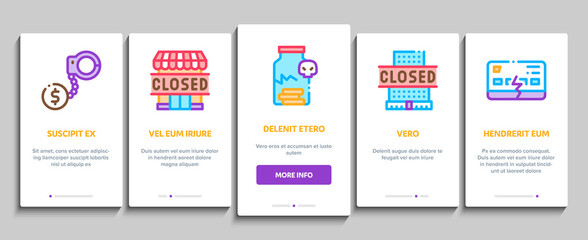Bankruptcy Business Onboarding Mobile App Page Screen Vector. Bankruptcy Shop And Company, Closed Office And Store, Tax And Crisis, Broken Card And Piggy Color Illustrations