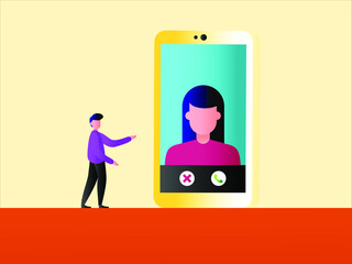 Video call vector concept: businessman pointing towards the big smartphone projecting portrait of an incoming video call from a woman