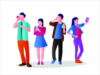Communication technology vector concept: group of friends wearing outfit while using their mobile phone