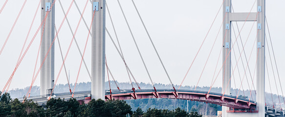 A red and grey cable-stayed bridge.