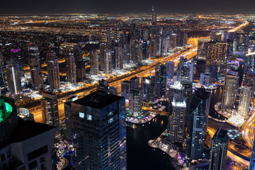 Beautiful aerial view of the Dubai Marina at night