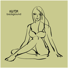 art  background with sitting beautiful sexy young woman  in bikini, sketch vector 