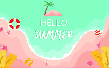 Summer vector concept: top down view of island beach with Hello Summer text