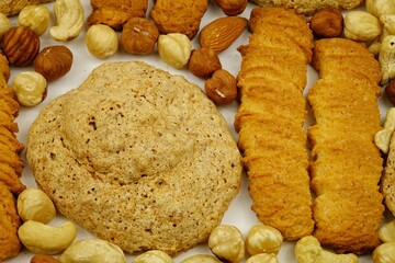 Assorted of cookies including nut cookies and shortbread cookies, background