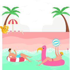 Fototapeta na wymiar Summer fun vacation vector concept: men lying on inflatable swim rings while playing beach ball