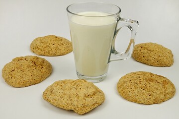 A glass of milk and homemade nut-protein cookies