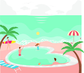 Fototapeta na wymiar Summer vector concept: people relaxing and playing at the swimming pool near the beach