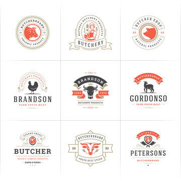 Butcher shop logos set vector illustration good for farm or restaurant badges with animals and meat silhouettes