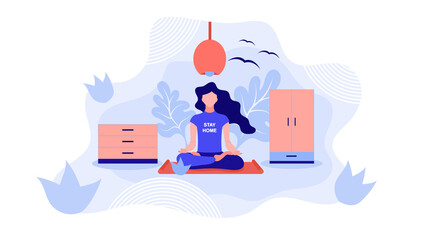 Fototapeta na wymiar Flat style illustration. vector image. The girl sits at home in quarantine and practices yoga.