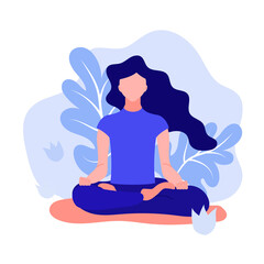 Flat style illustration. vector image. The girl sits in a lotus position and meditates, does yoga.