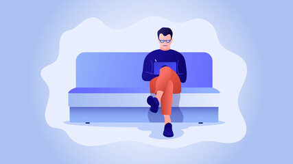 Flat style illustration. Vector image. The guy sits at home in quarantine and works remotely, draws on the tablet.