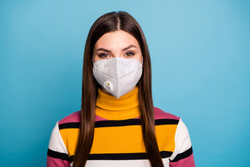 Close-up portrait of her she pretty healthy girl wearing safe mask stop mers cov flu flue grippe...