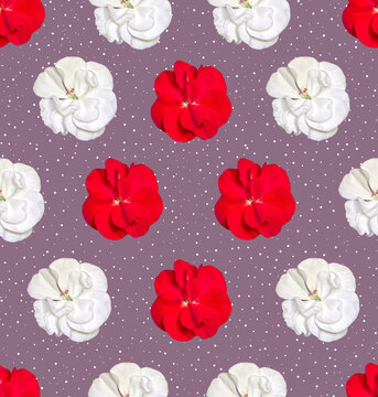 Seamless pattern with white and red geranium flowers. Design for packaging, fabric, Wallpaper, napkins, textiles and backgrounds.