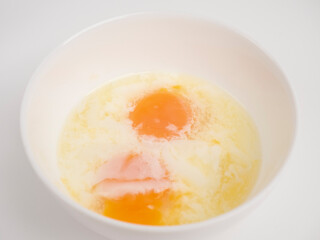 Egg in Cup With Kitchen Ware on Table, Soft Boiled Eggs in Cup, Cooking With Egg, Egg Easy Cooking Menu Conce. Breakfast, fresh. Isolated on White background.