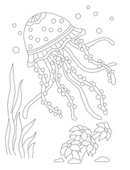 Cute jellyfish sea coloring book page for kids. Cartoon cute marine wild animals, sea elements. illustration. Black and white hand drawn doodle for coloring book. Ocean animal
