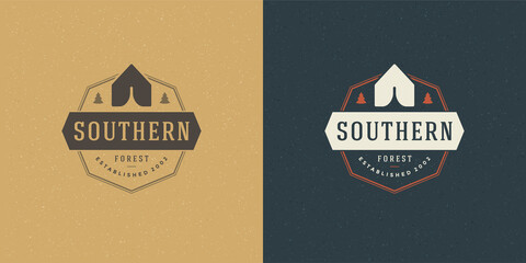 Forest camping logo emblem summer camping vector illustration with tent silhouette for shirt or print stamp © provectors